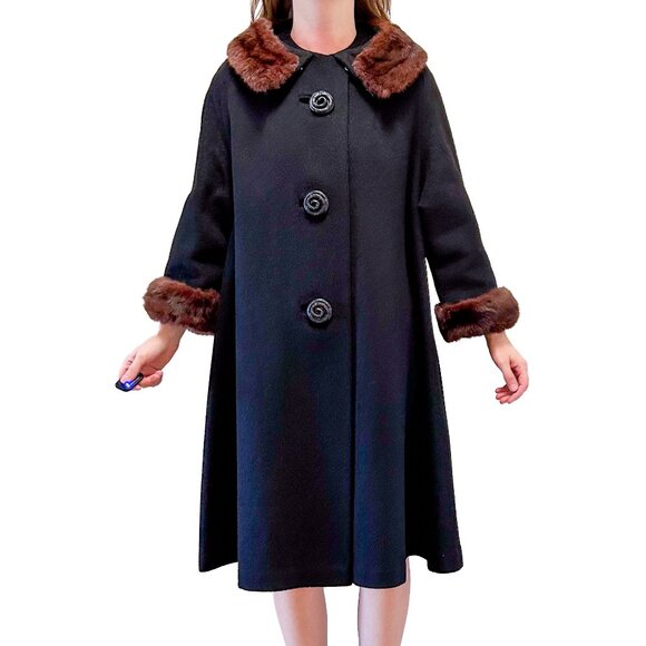 Vintage 60s Heavy Black Wool Swing Coat Real Muskrat Fur Trim Glam 1960s ILGWU - Picture 1 of 16